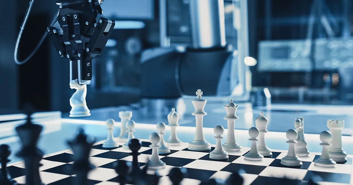 Close Up Shot of a Artificial Intelligence Operating a Futuristic Robotic Arm in a Game of Chess Against a Human