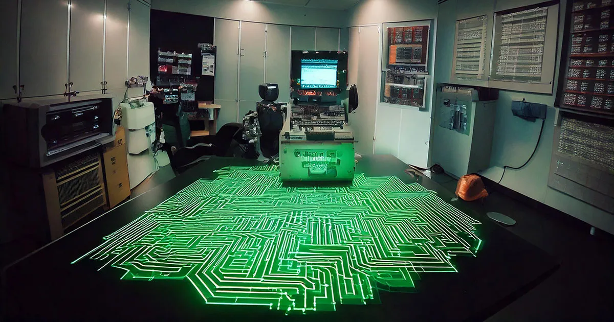 A dimly lit room with a large, flat table covered in a glowing green circuit board pattern. A computer terminal sits on the table, and various electronic devices and equipment are scattered around the room.