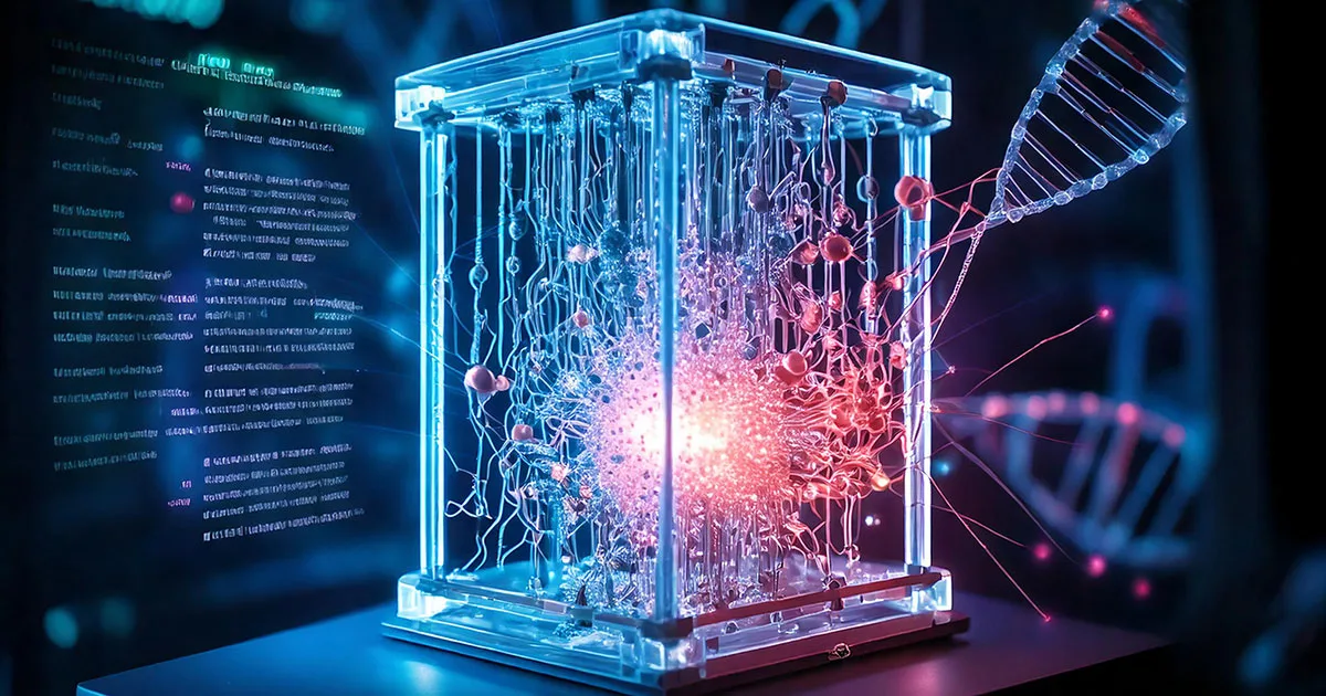 A digital artwork depicting a transparent cube filled with a complex network of glowing red and blue nodes and wires, with a DNA helix emerging from it.