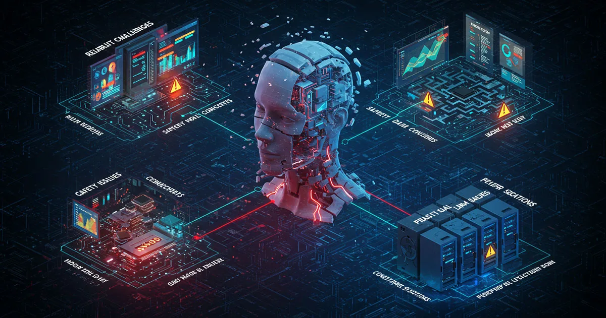 Fragmented humanoid head surrounded by four quadrants showing current limitations: reliability challenges, safety concerns, control issues, and practical limitations.