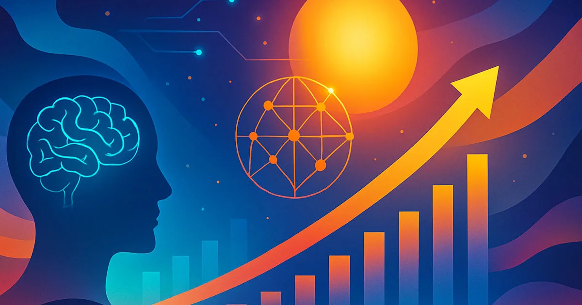 Abstract image showing a glowing brain in a human silhouette, a neural sphere, and an upward arrow over bar charts, symbolising the future of AI and ML in business.