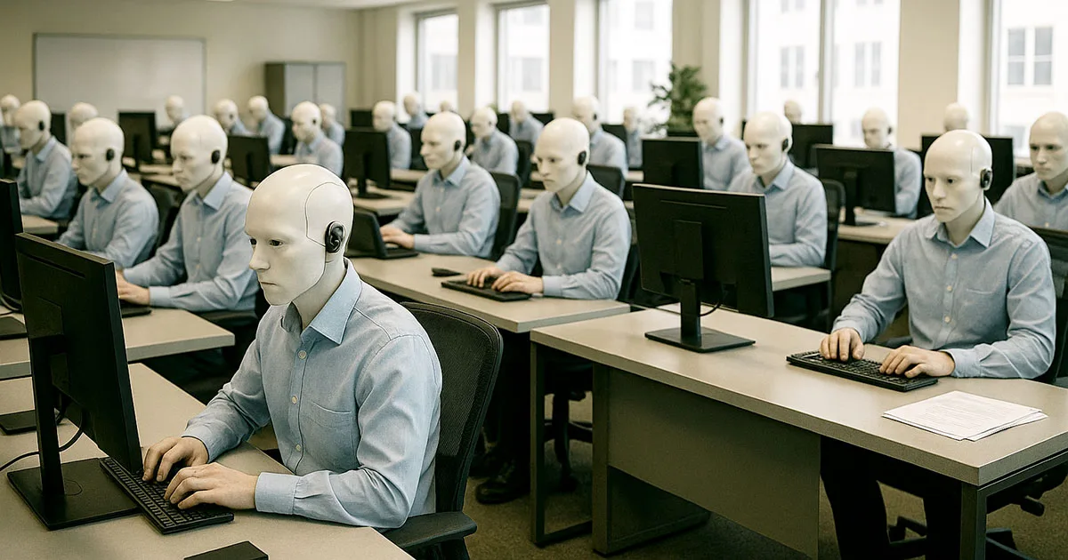 Humanoid robots in business attire working at computers in a modern office environment, representing AI automation in the workplace