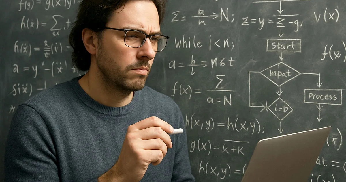 Data scientist with glasses writing mathematical formulas and flowcharts on blackboard, developing machine learning models and equations