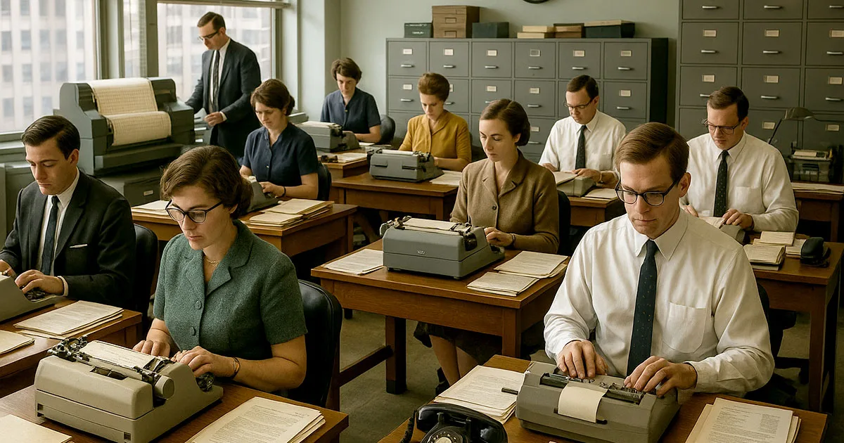 Vintage office workers processing manual paperwork before ai automation business transformation