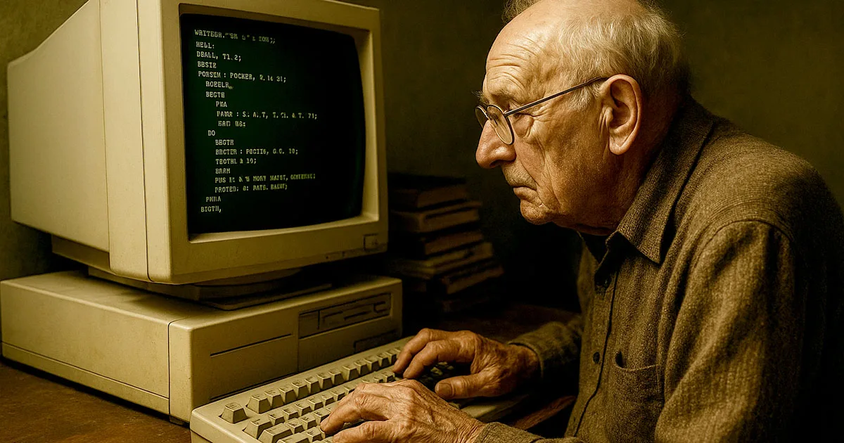 Elderly programmer working on vintage computer with green text display, showing early AI algorithms and traditional programming methods