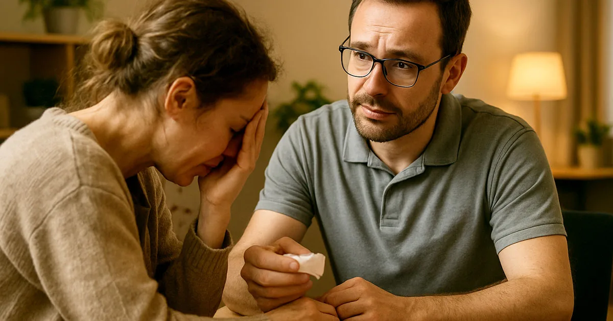Charity counselor providing compassionate support to distressed person, showing human empathy AI cannot replace