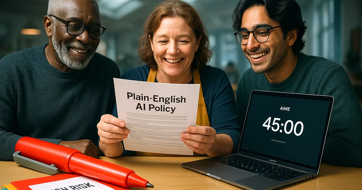 Three smiling professionals reviewing plain-English policy document with AIME 45-minute timer displayed on laptop screen