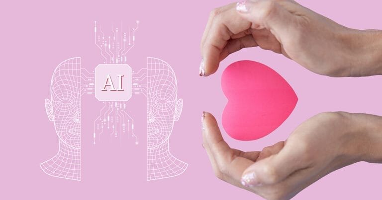 A pink background with two wireframe heads facing each other. Between their heads is a red chip with the letters "AI" on it. In the foreground, a pair of hands cradles a pink heart.