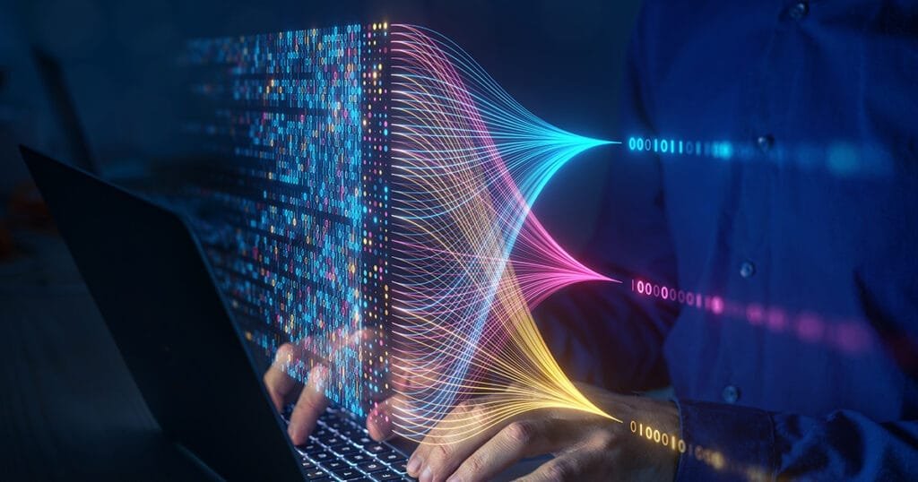 Scientist computing, analysing and visualizing complex data set on computer.