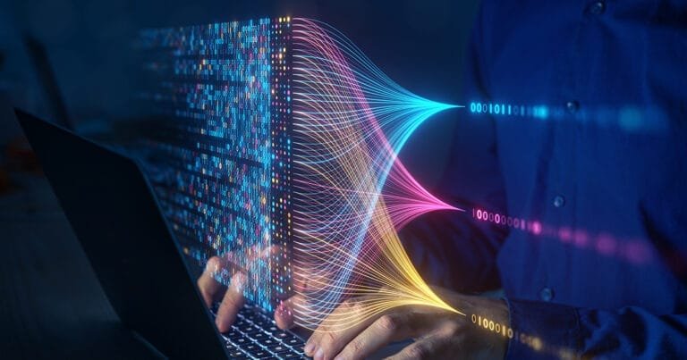 Scientist computing, analysing and visualizing complex data set on computer.