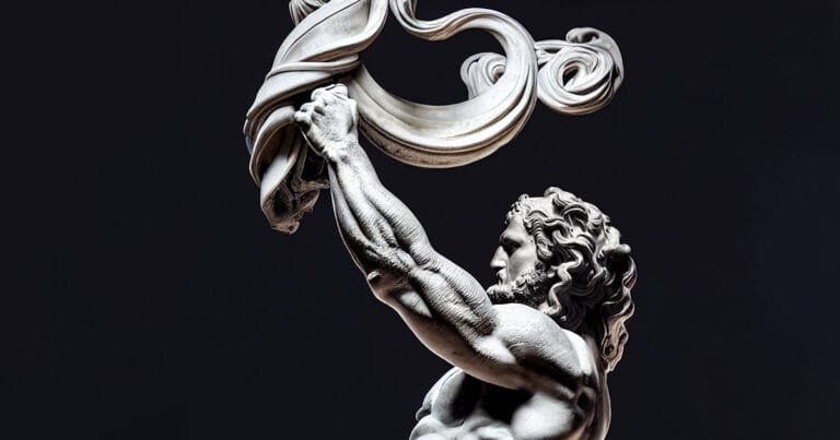 3D illustration of a Renaissance marble statue of Hephaestus. He is the God of fire, metalworking, and forges.