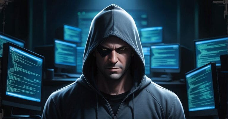 AI generated image of a hacker with an evil look on his face. He is wearing a hoodie stood in front of numerous computer screens