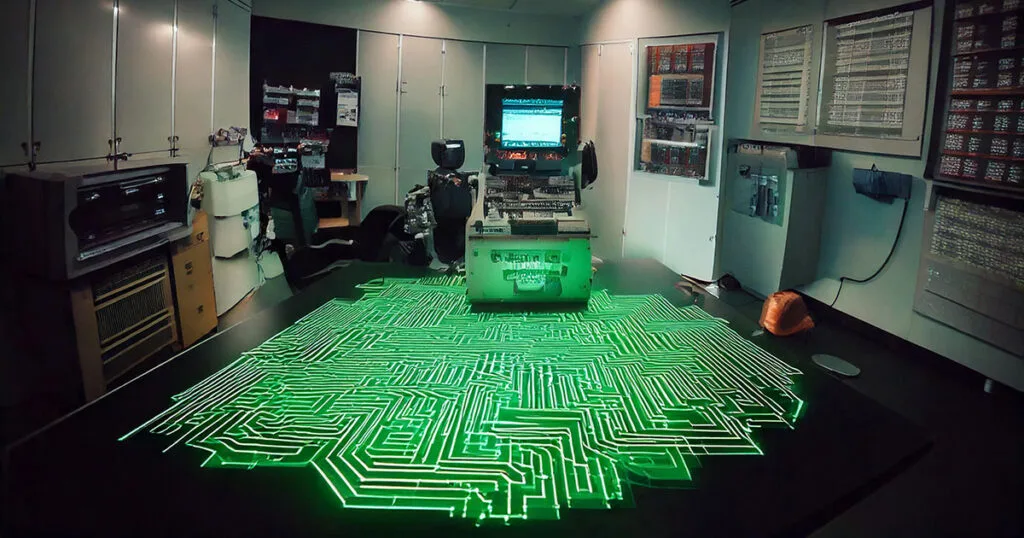 A dimly lit room with a large, flat table covered in a glowing green circuit board pattern. A computer terminal sits on the table, and various electronic devices and equipment are scattered around the room.