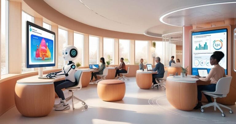 A futuristic yet warm and inviting nonprofit office, where AI-powered tools are seamlessly integrated into daily operations.