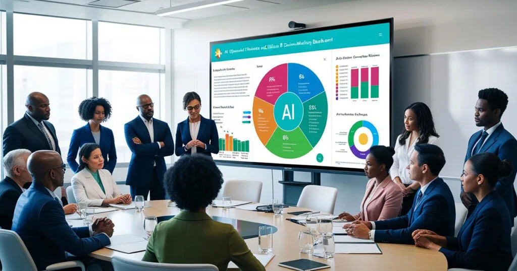 A nonprofit boardroom where a diverse group of professionals is engaged in a discussion about AI ethics and fairness.