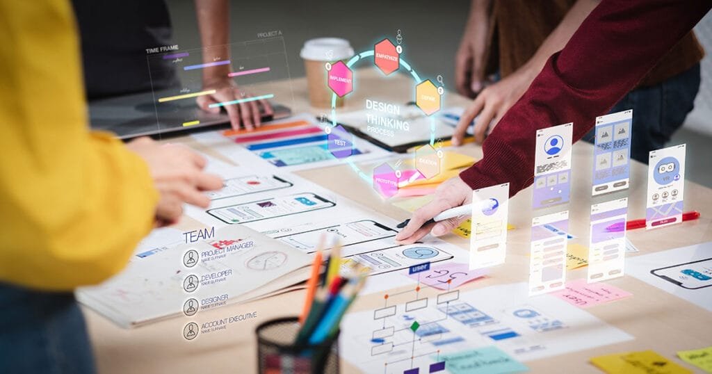 Marketing professionals collaborate on a design-thinking process, using AI in marketing to optimise strategies with holographic data insights.