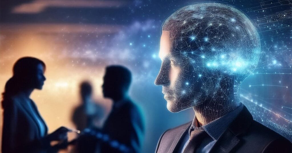 A digitally enhanced image of a businessman with a transparent head filled with interconnected glowing nodes and neural networks, symbolising Artificial Intelligence in Business. The background features blurred silhouettes of professionals engaged in conversation, representing the integration of AI in corporate environments and its role in business innovation.