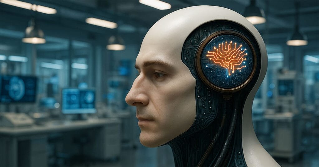 Humanoid AI robot in a high-tech lab, showing exposed circuitry with a glowing neural network design on its head.