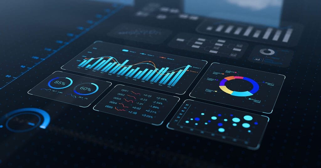A futuristic digital dashboard displaying data analytics with charts, graphs, and performance metrics, representing data analytics insights.