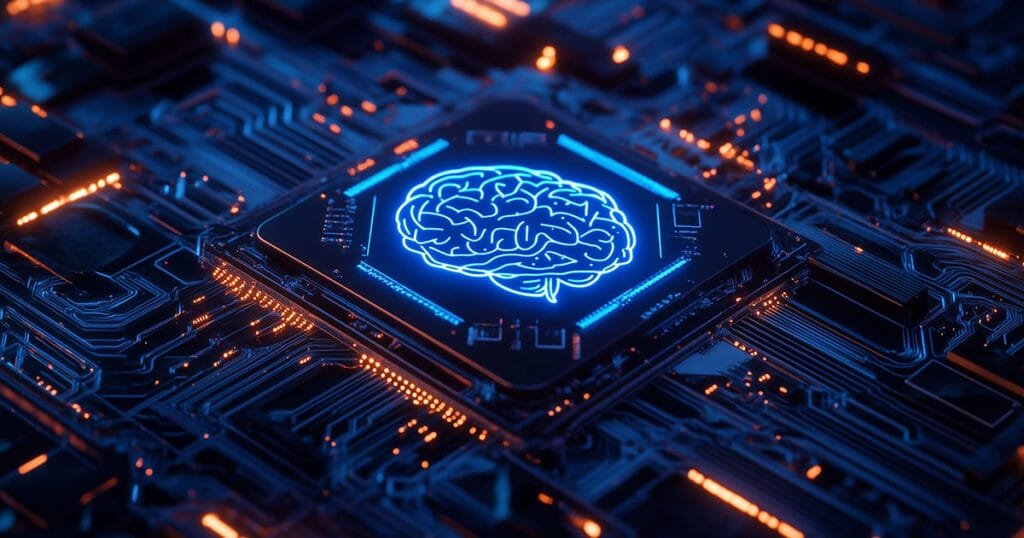 A glowing brain icon is displayed on a futuristic microchip, surrounded by blue and orange circuitry, symbolising the core characteristics of artificial intelligence.