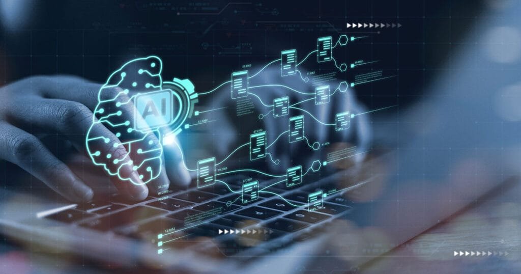 A person types on a laptop keyboard while a glowing digital brain and AI data flow diagram overlay the image, representing modern artificial intelligence capabilities.