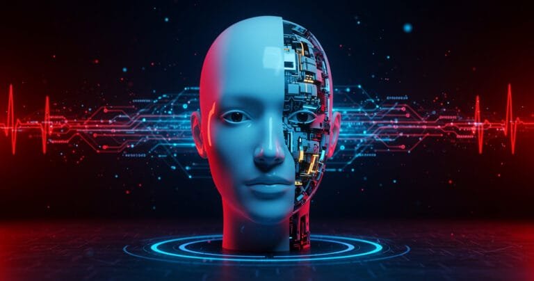 AI agent visualization showing half-human, half-digital face with circuit patterns, representing agentic AI systems transforming knowledge work.