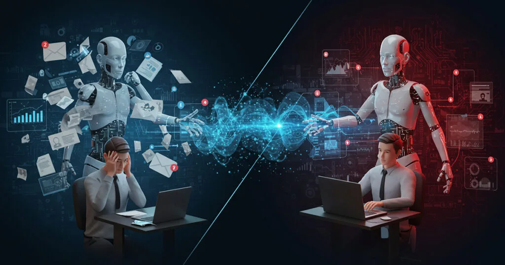 Split-screen showing AI agents transforming knowledge work: left side shows overwhelmed worker amid chaos; right shows productive collaboration with organized data.