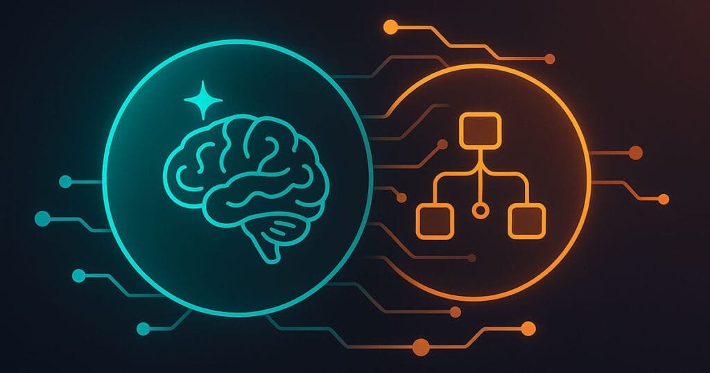 Abstract image showing two glowing circles representing AI and ML, with a brain icon in turquoise and a network diagram in orange, connected by circuit lines.