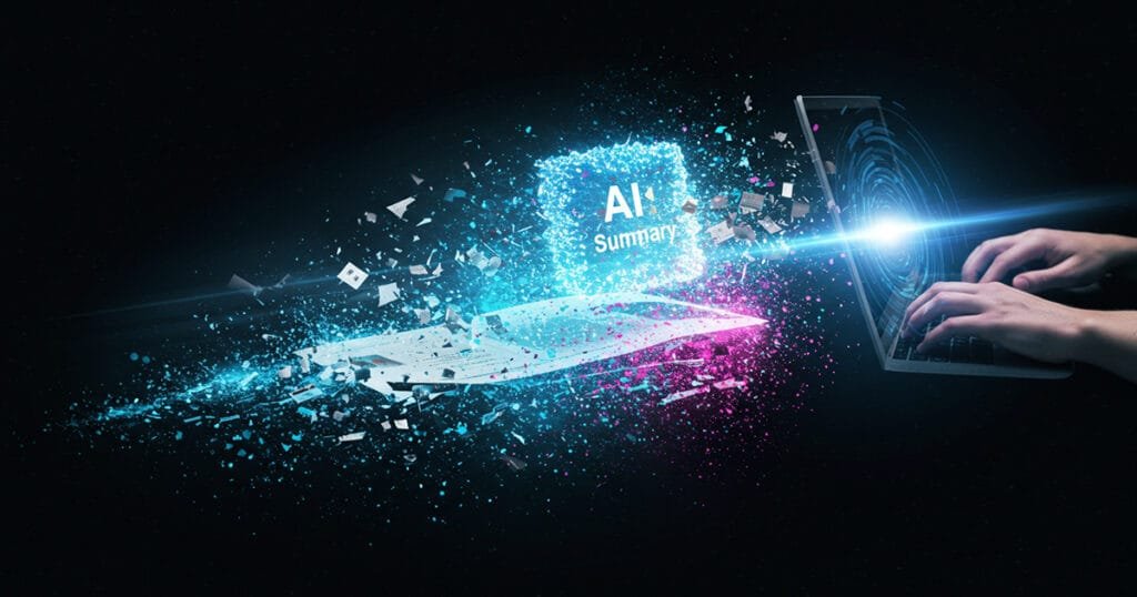 Laptop generating AI search summary with generative AI transforming content fragments into a glowing blue summary, reshaping how search engines display marketing content.