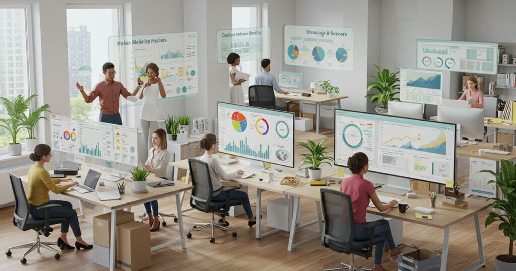 Diverse teams in a bright office using Insight Analytics dashboards for marketing, operations, customer service, and product development.