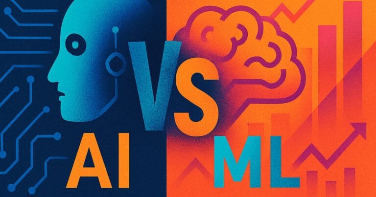 Abstract digital image representing Artificial Intelligence and Machine Learning using colourful geometric shapes and contrasting visual elements.