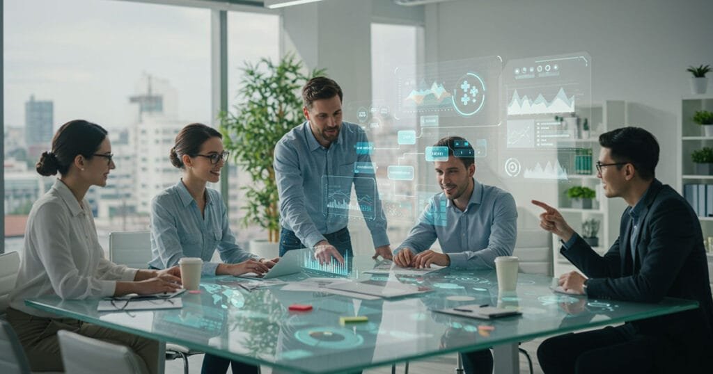 Diverse team collaborating around a glass table in a bright modern office, reviewing digital dashboards and data visualisations.