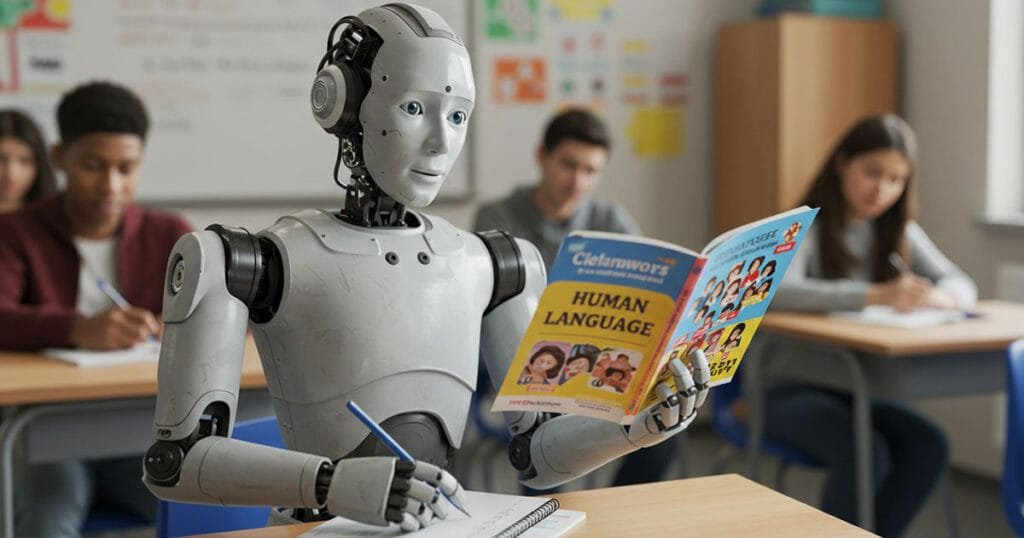 A humanoid robot sits in a classroom, reading a book titled "Human Language" while taking notes, surrounded by students writing at their desks.