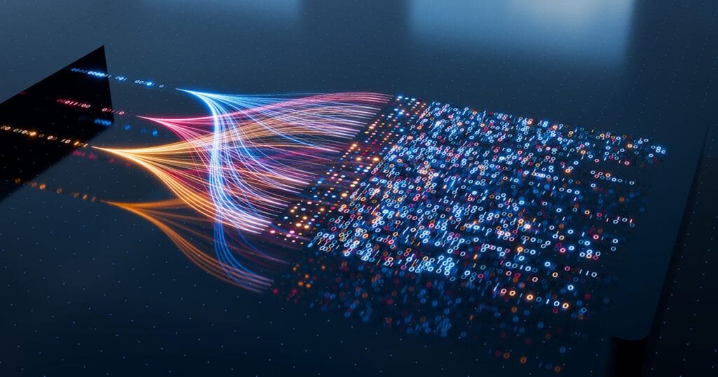 Abstract 3D rendering of data streams splitting into multiple neural paths, representing different AI network architectures and information flow.