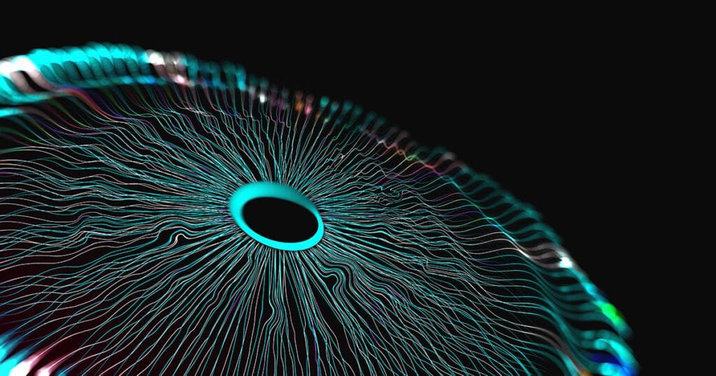 Abstract 3D illustration of a neural network or eye-like structure with radiating lines, symbolizing data flow and AI vision processing.