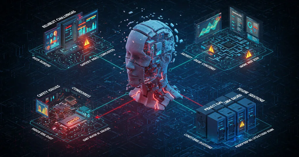 Fragmented humanoid head surrounded by four quadrants showing current limitations: reliability challenges, safety concerns, control issues, and practical limitations.