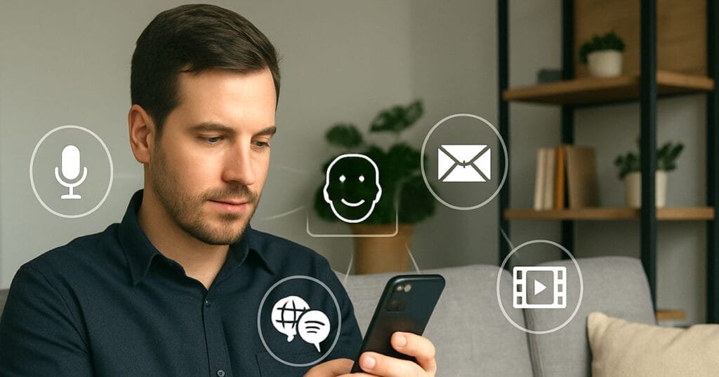 Man using smartphone on sofa with AI technology icons overlaid, representing deep learning applications in everyday life.