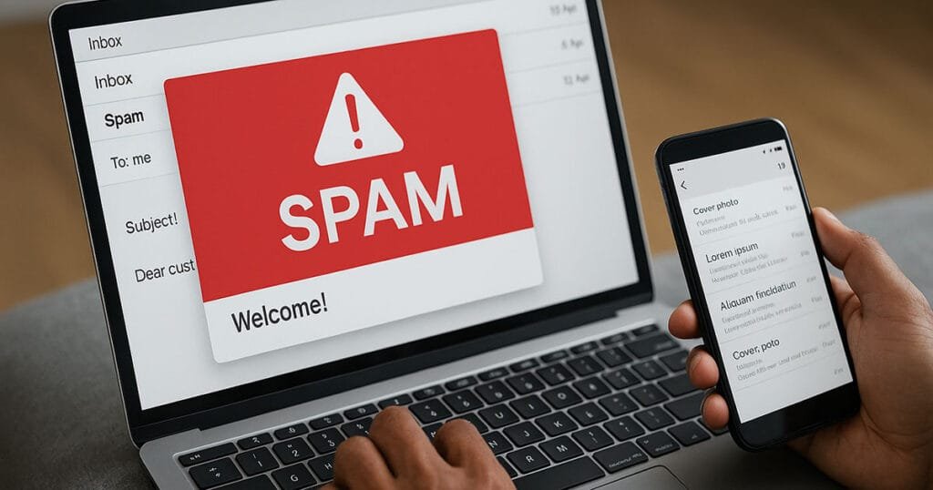 Person using laptop and smartphone with a spam warning displayed on the laptop screen, representing deep learning-powered email spam filtering.