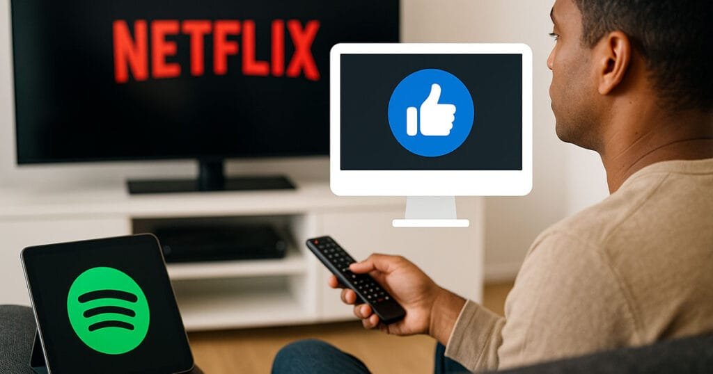 Man watching Netflix on TV with a tablet showing the Spotify logo and a thumbs-up icon overlay, representing AI-powered content recommendations.