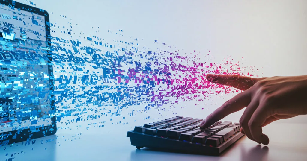 Hand typing on keyboard with generative AI transforming input into colorful digital marketing copy, showcasing the creative flow from prompt to content.