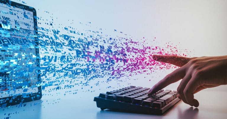 Hand typing on keyboard with generative AI transforming input into colorful digital marketing copy, showcasing the creative flow from prompt to content.