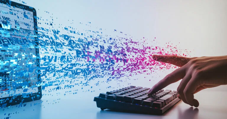 Hand typing on keyboard with generative AI transforming input into colorful digital marketing copy, showcasing the creative flow from prompt to content.
