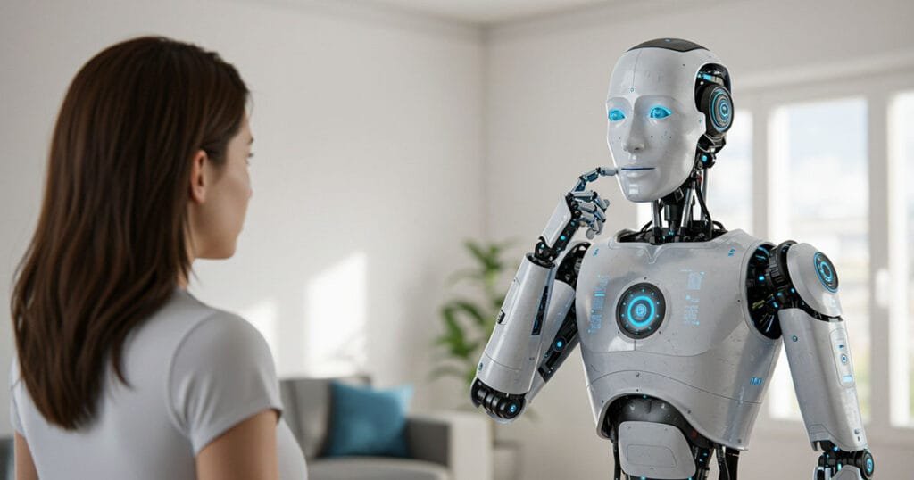A humanoid robot and a woman face each other in a bright room, the robot appearing to think, symbolising Natural Language Processing in human-AI interaction.