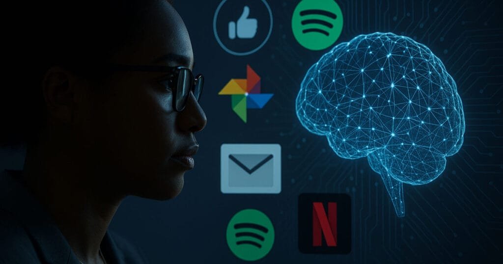 Profile of a woman facing a glowing digital brain with AI icons like Netflix, Spotify, and email, symbolising deep learning's role in daily digital experiences.