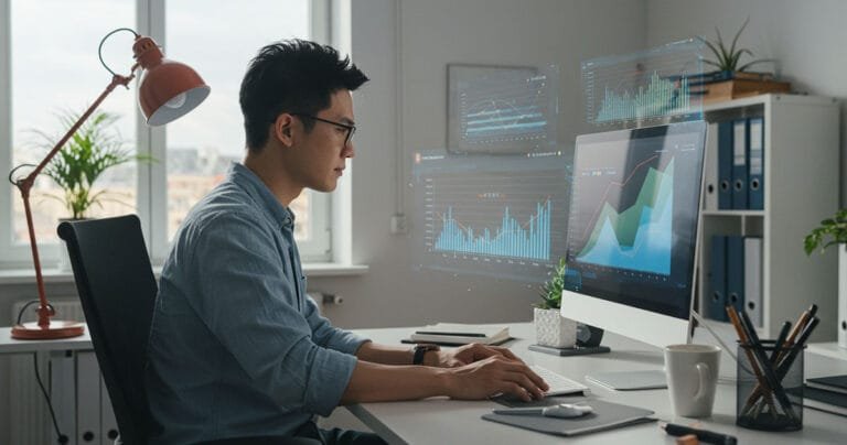 Professional analysing digital data charts in a bright office using Insight Analytics for business growth and decision-making.