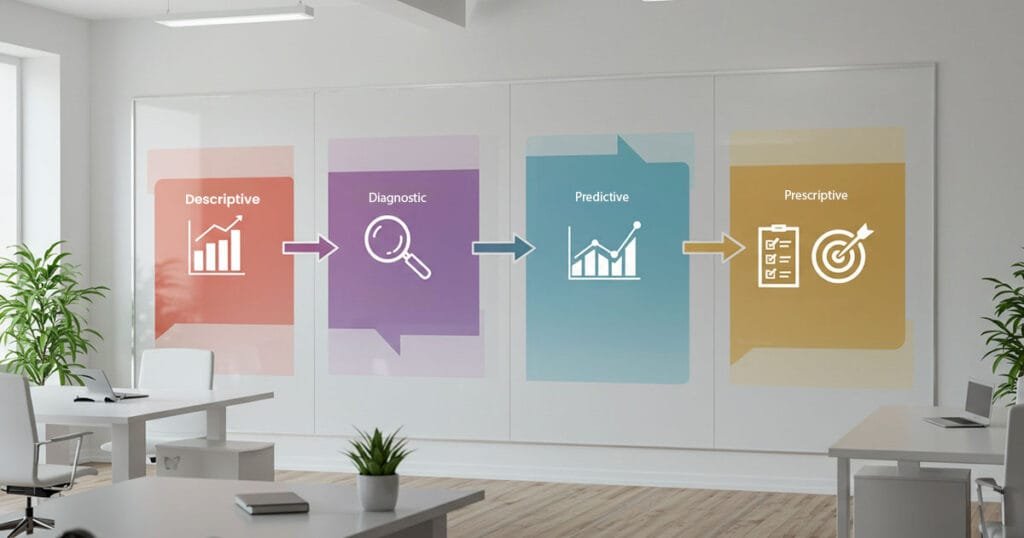 Bright office showing four colourful panels with icons representing Descriptive, Diagnostic, Predictive, and Prescriptive Insight Analytics.