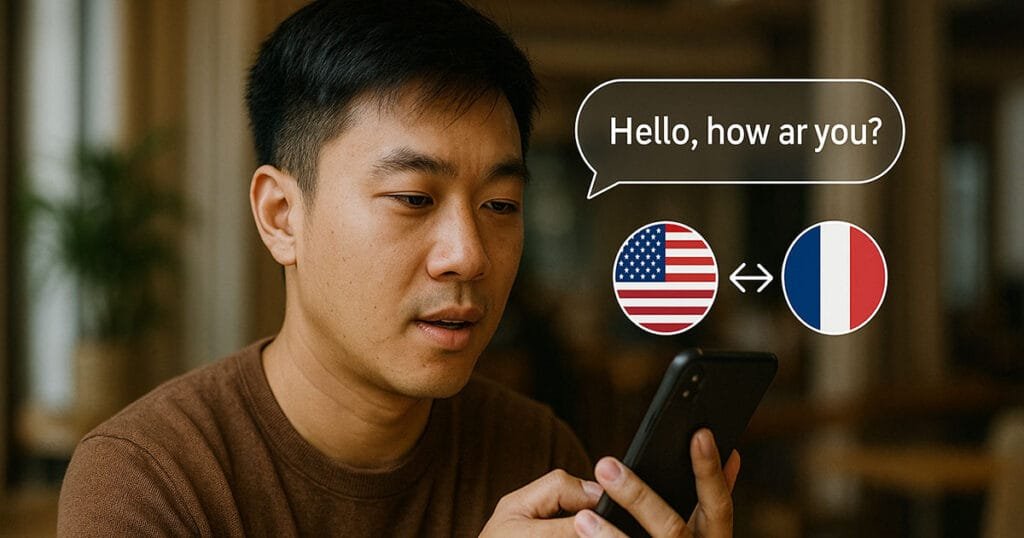 Man using smartphone for translation, with a speech bubble saying "Hello, how are you?" and US and French flags, representing real-time language translation.