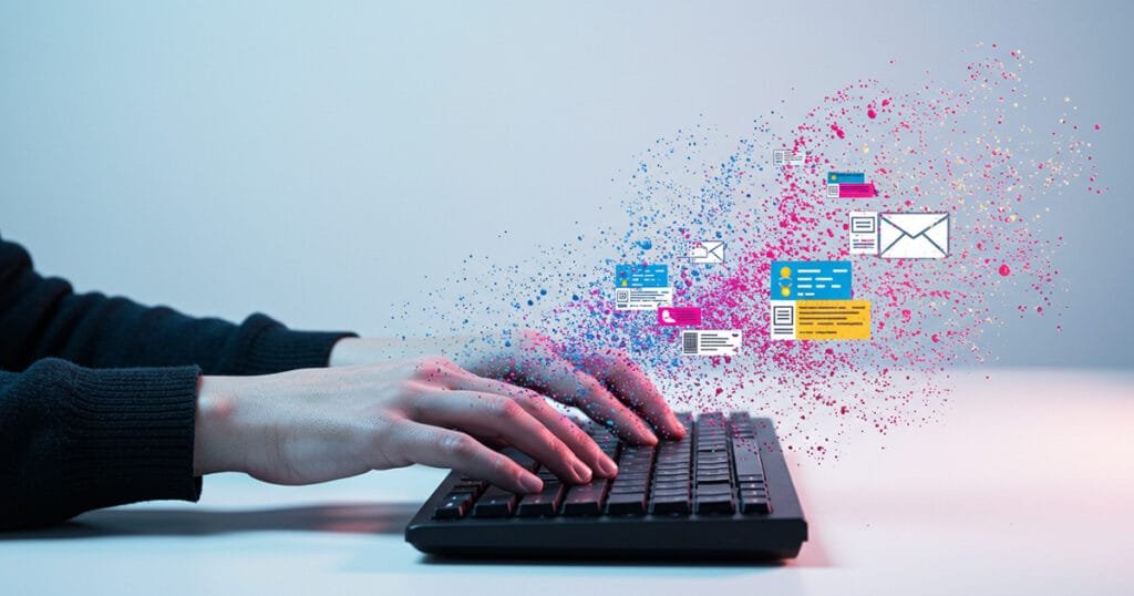 Hands typing on keyboard generating diverse marketing content through generative AI tools, with colorful particles forming emails, social posts, and other digital assets.