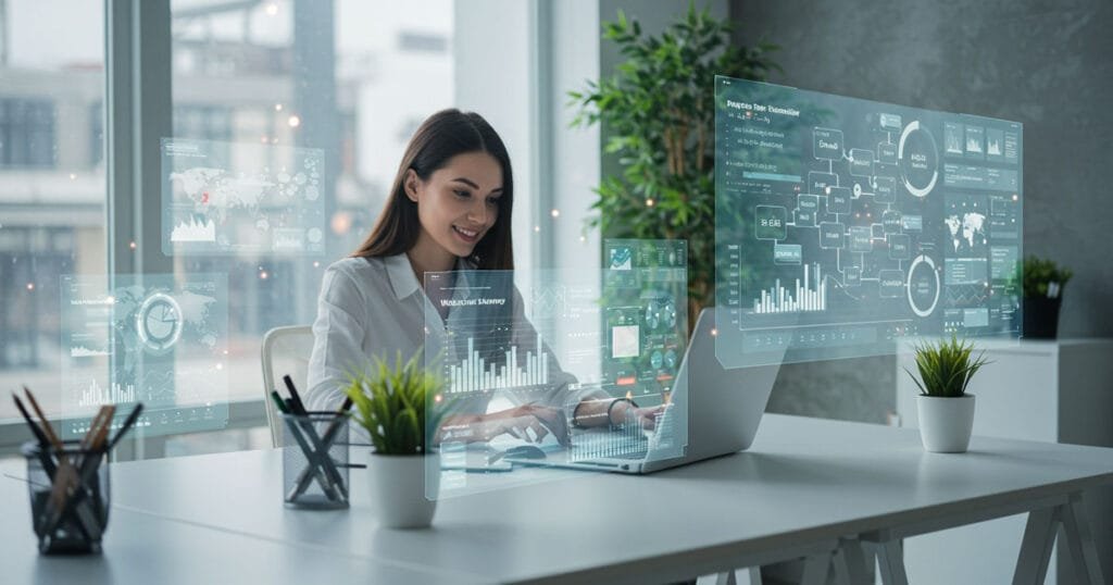 Professional using digital dashboards to analyse web and app data with Insight Analytics in a bright, modern office setting.