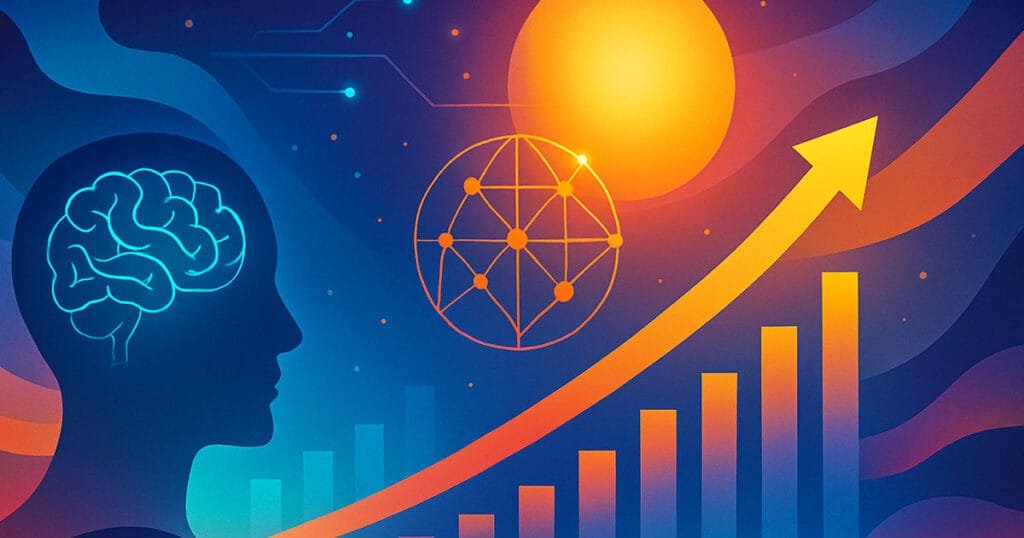 Abstract image showing a glowing brain in a human silhouette, a neural sphere, and an upward arrow over bar charts, symbolising the future of AI and ML in business.